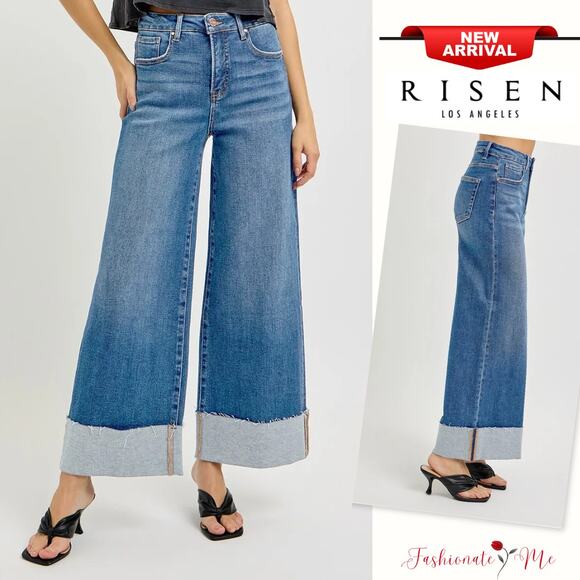 RISEN Tummy Control High Rise Wide Cuffed Hem Medium Washed Cropped Denim Jeans - Picture 1 of 7